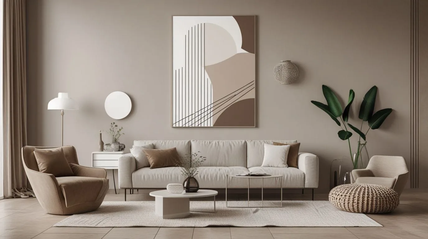 ベージュのソファと観葉植物、抽象画を飾ったリビング